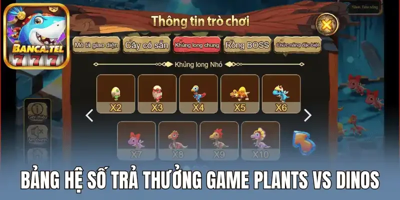 Bảng hệ số trả thưởng game Plants vs Dinos